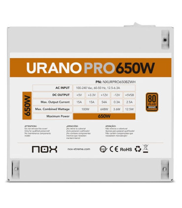 NOX Fuente ATX Urano PRO 650W Bronze Blanco